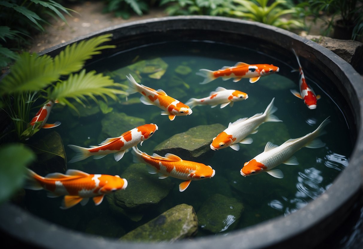 A serene stone basin surrounded by lush greenery and vibrant koi fish swimming gracefully in clear water