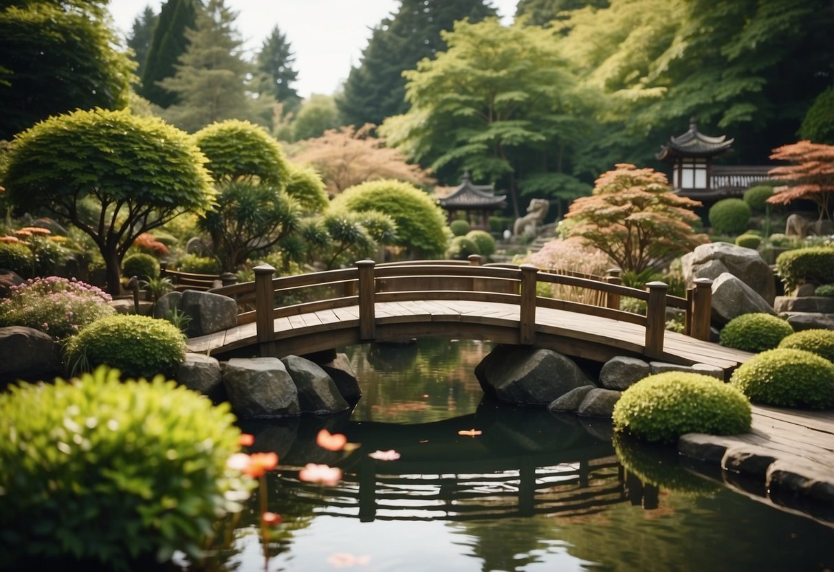 A serene Japanese koi garden with a wooden bridge, lush greenery, and vibrant koi fish swimming gracefully in a tranquil pond