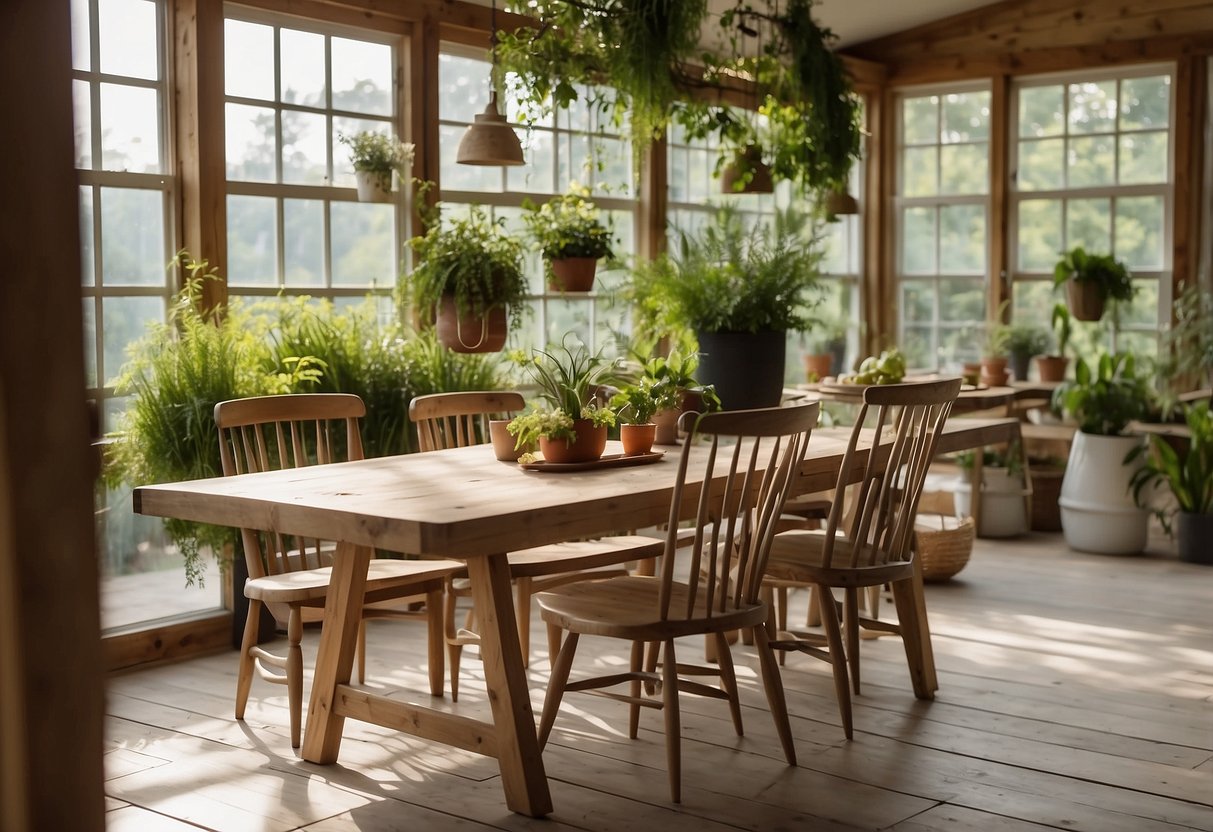 A cozy farmhouse dining set in a garden room kitchen, with rustic wooden table and chairs, surrounded by lush greenery and natural light