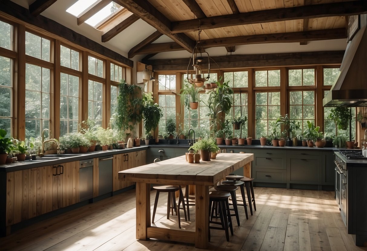 A cozy kitchen with rustic wood beams, surrounded by a garden room filled with greenery and natural light