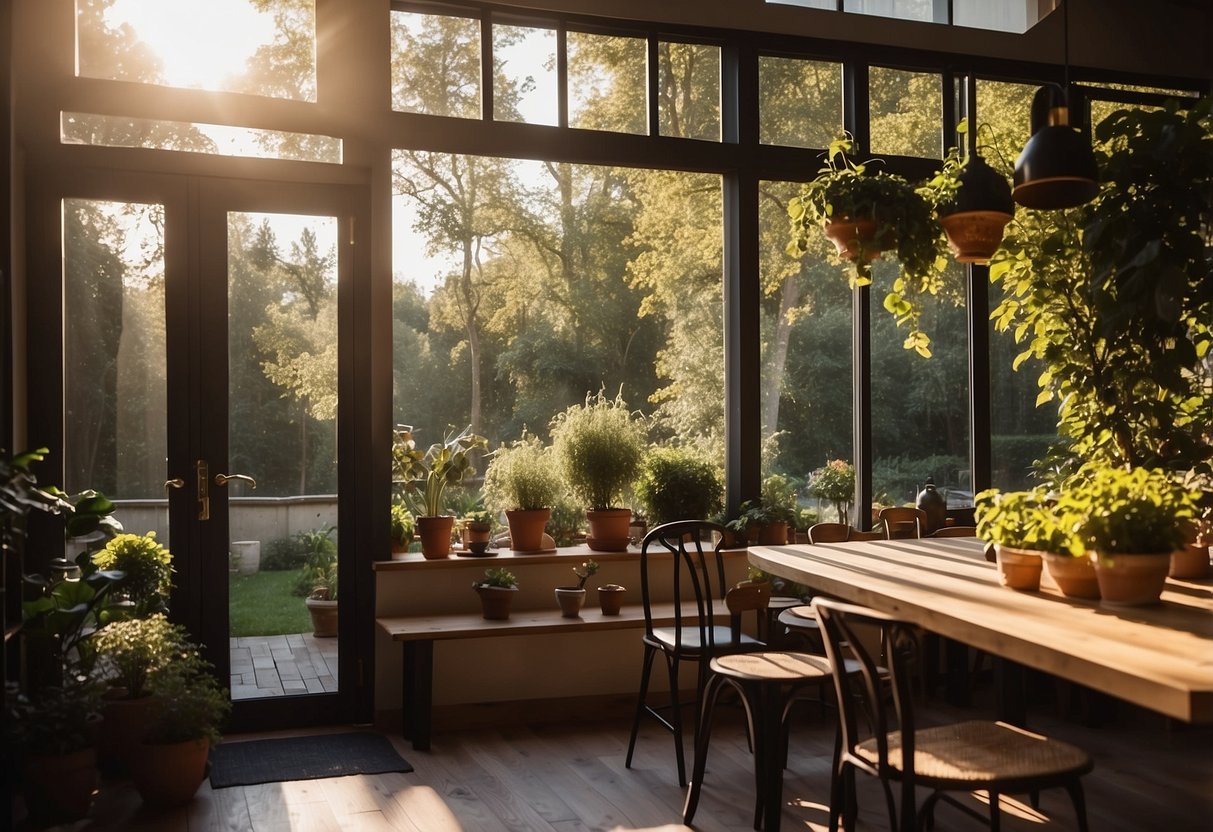 A sunlit breakfast nook with a garden view, cozy kitchen, and natural elements