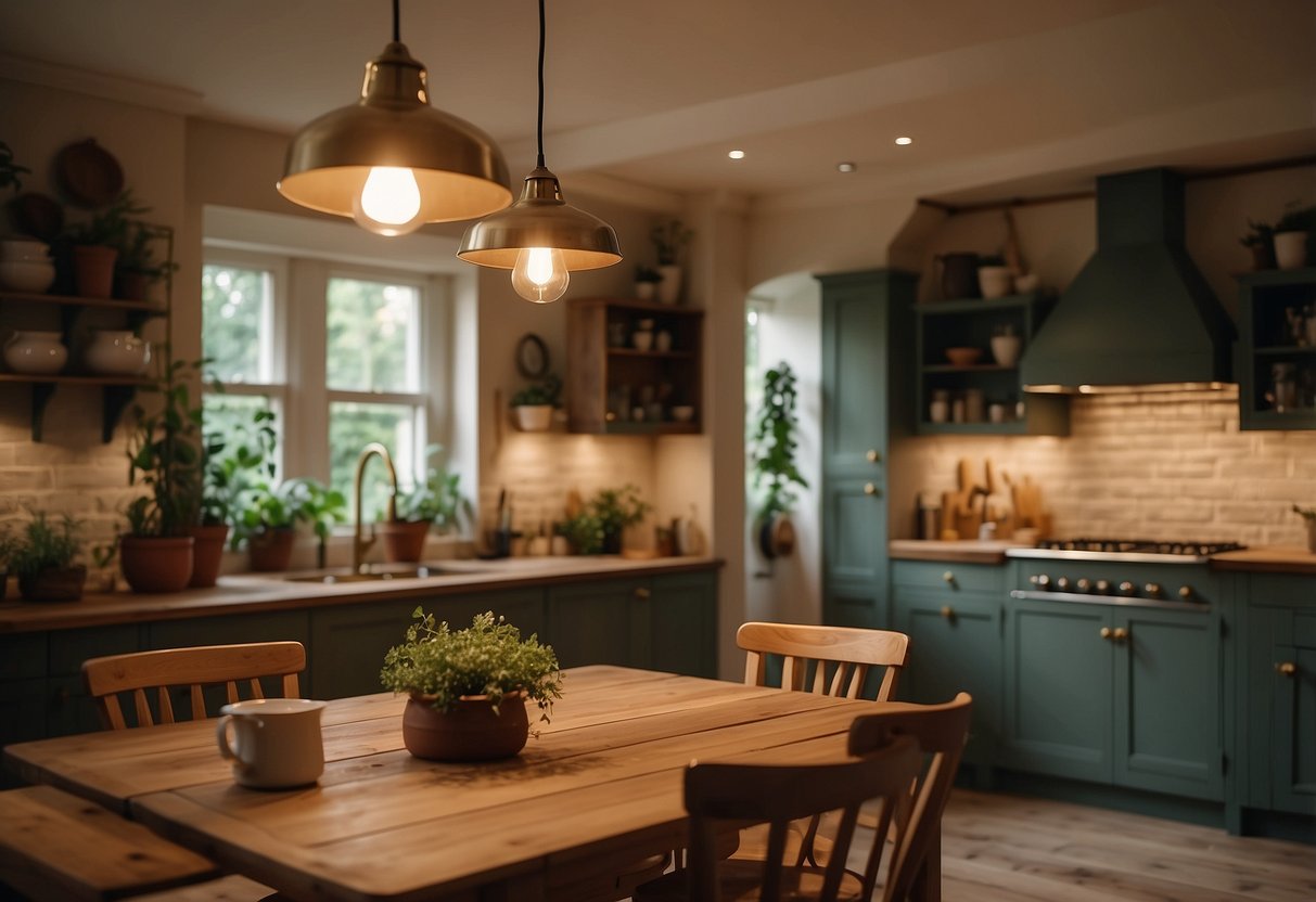 The garden room is illuminated by vintage pendant lights, casting a warm and inviting glow over the cozy kitchen space