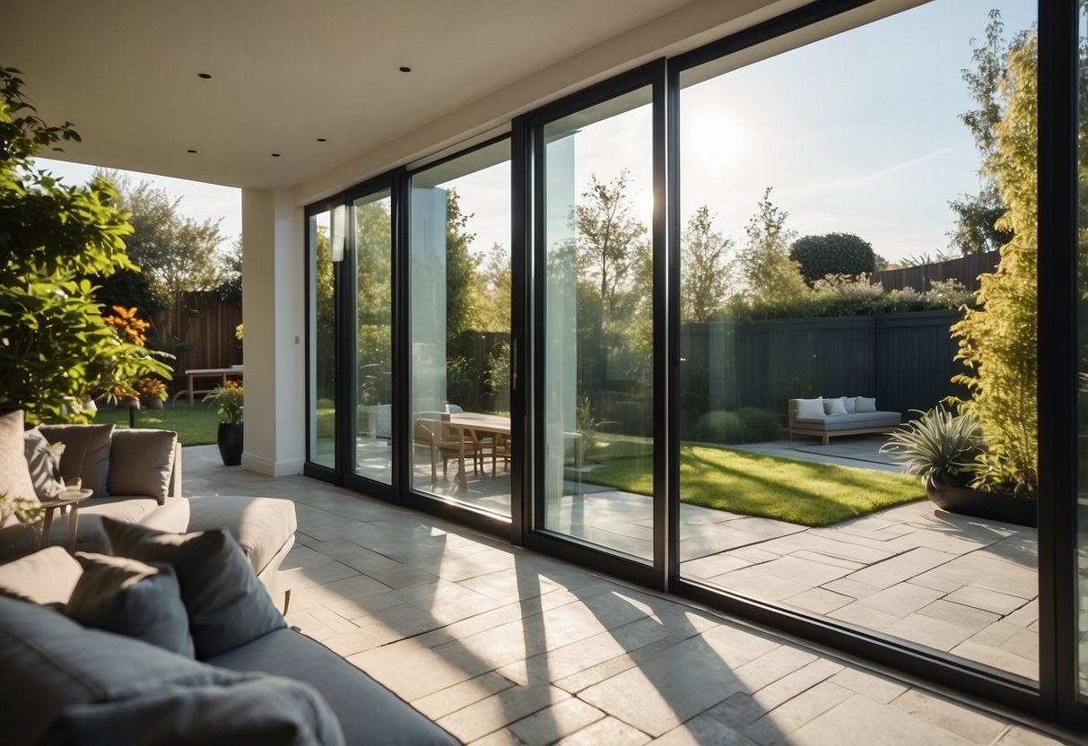 The bi-fold glass doors open to a sunlit garden room, with a sleek and modern kitchen visible in the background