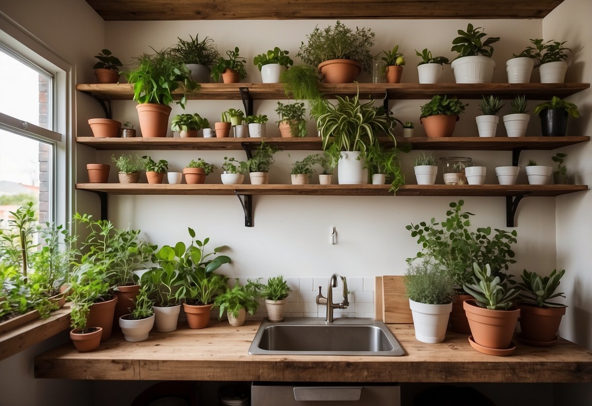 A bright garden room with rustic reclaimed wood shelves, filled with potted plants and herbs, creating a cozy and natural kitchen space