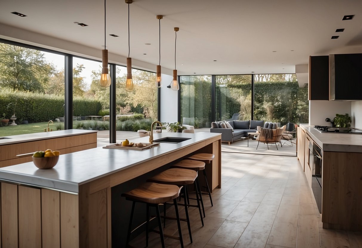 A spacious garden room with an open-plan layout, featuring a modern kitchen and plenty of natural light