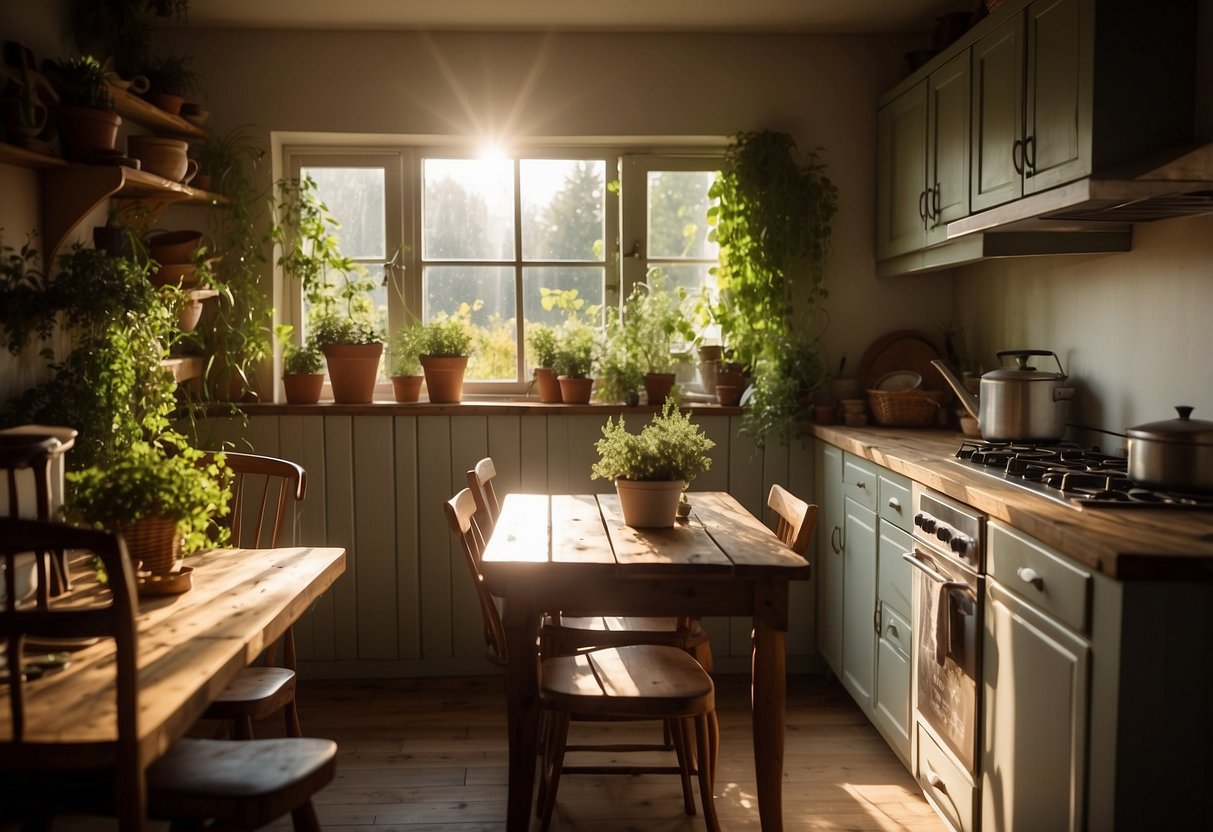 A cozy garden room kitchen with herbs on shelves, sunlight streaming in, and a rustic table set for a meal