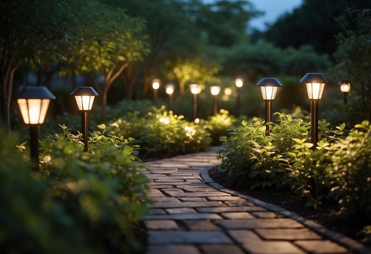 A lush garden with solar-powered path lights illuminating the winding walkways, creating a warm and inviting ambiance