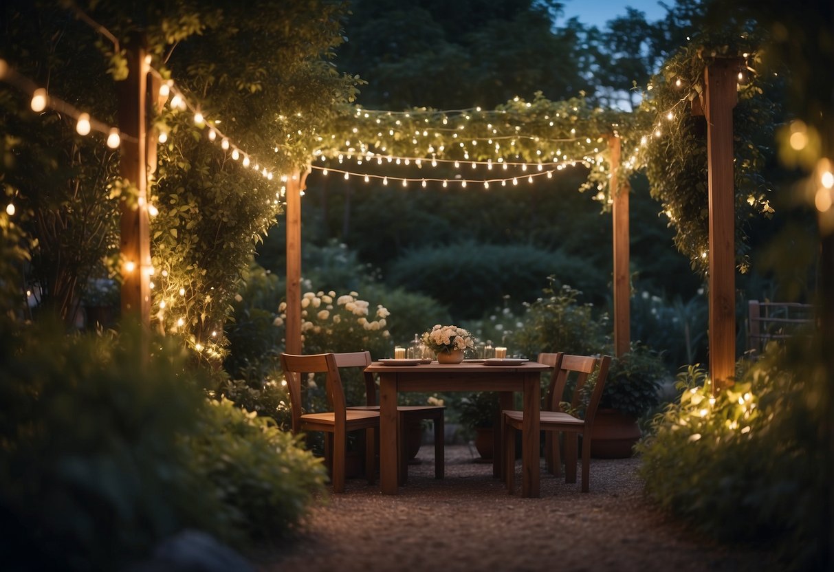 A garden adorned with twinkling fairy string lights, creating a magical and enchanting atmosphere