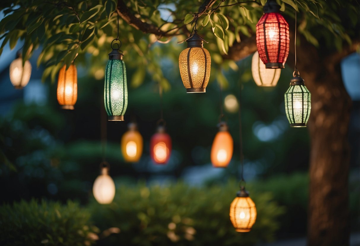 Colorful garden lanterns hang from tree branches, casting a warm glow over the lush greenery. Soft light dances across the plants, creating a cozy and inviting atmosphere