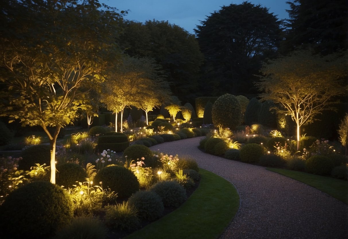 A garden illuminated by outdoor LED spotlights, casting a warm glow on the foliage and creating a cozy atmosphere in the UK