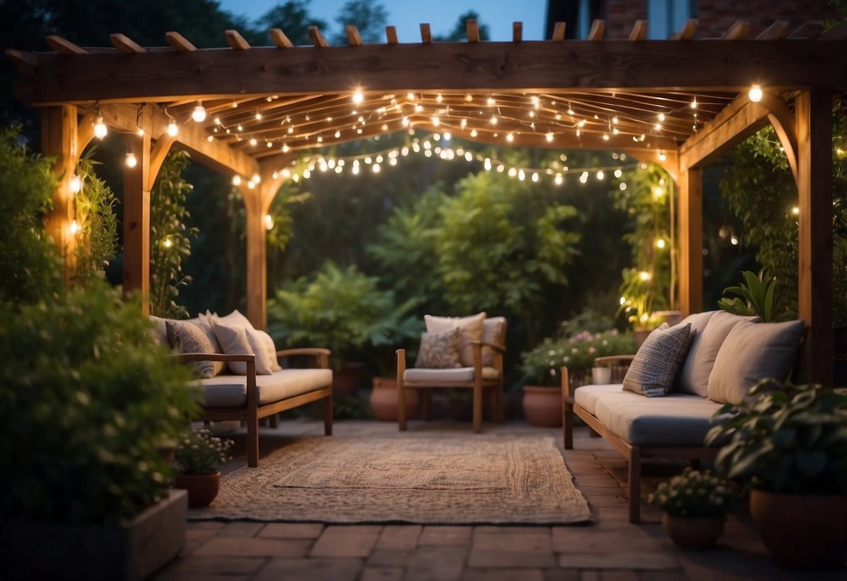 A pergola adorned with string lights illuminates a lush garden, casting a warm and inviting glow over the outdoor space