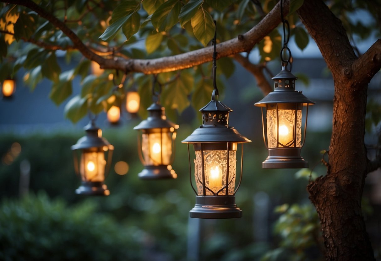 Several solar lanterns hang from tree branches, casting a warm glow over a tranquil garden setting