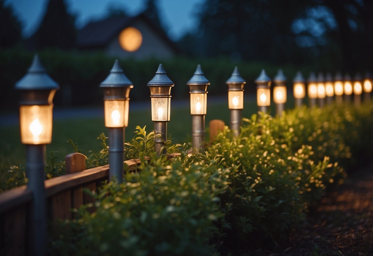 A row of fence post cap lights illuminating a garden at dusk