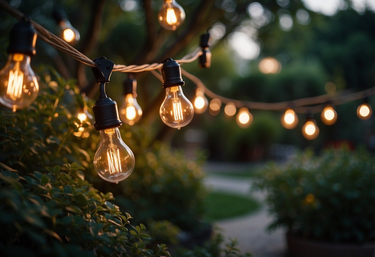 A lush garden at dusk, adorned with vintage Edison bulb string lights creating a warm and inviting atmosphere