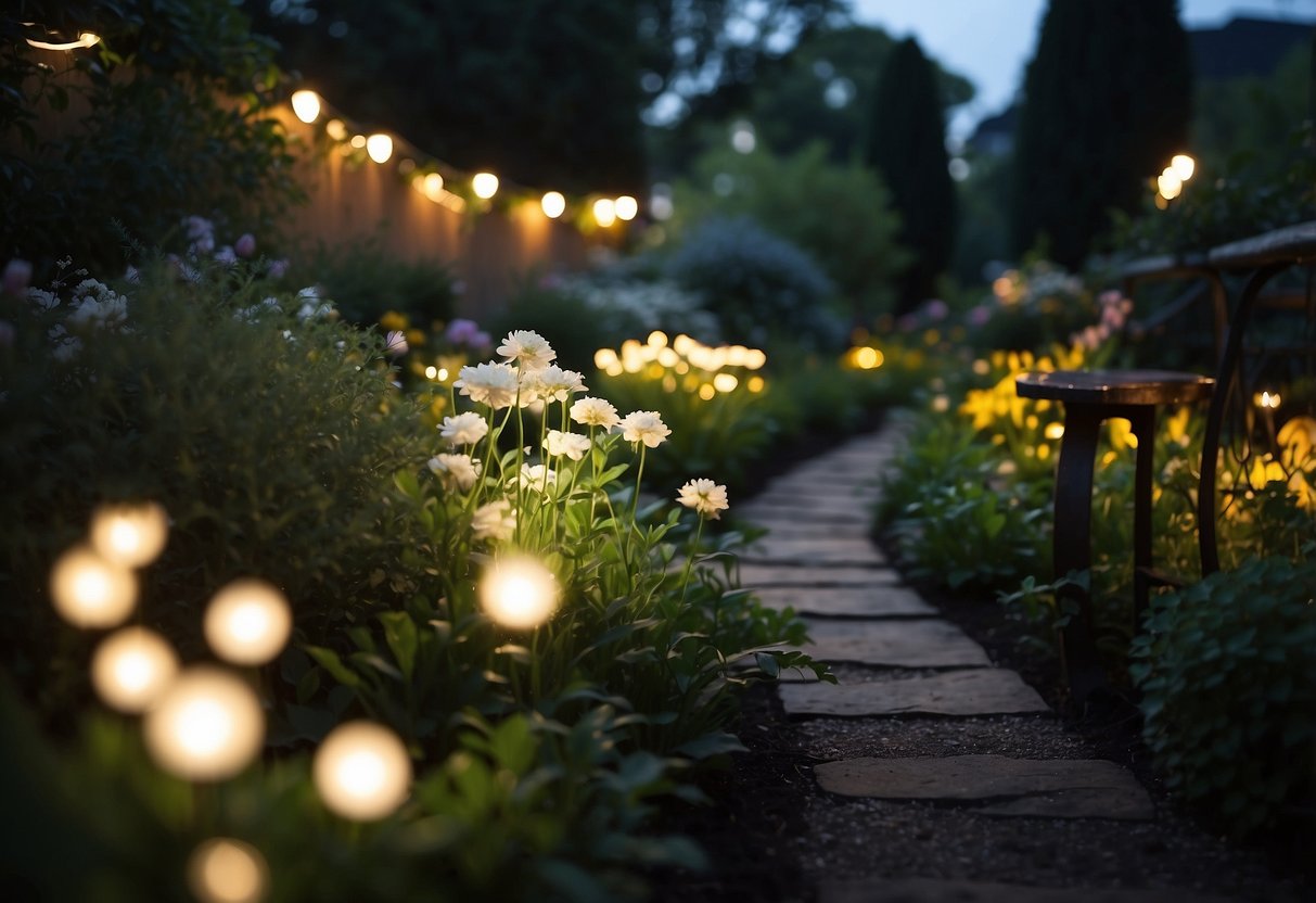 A garden is softly illuminated by strategically placed lights, highlighting the beauty of the plants and creating a warm and inviting atmosphere