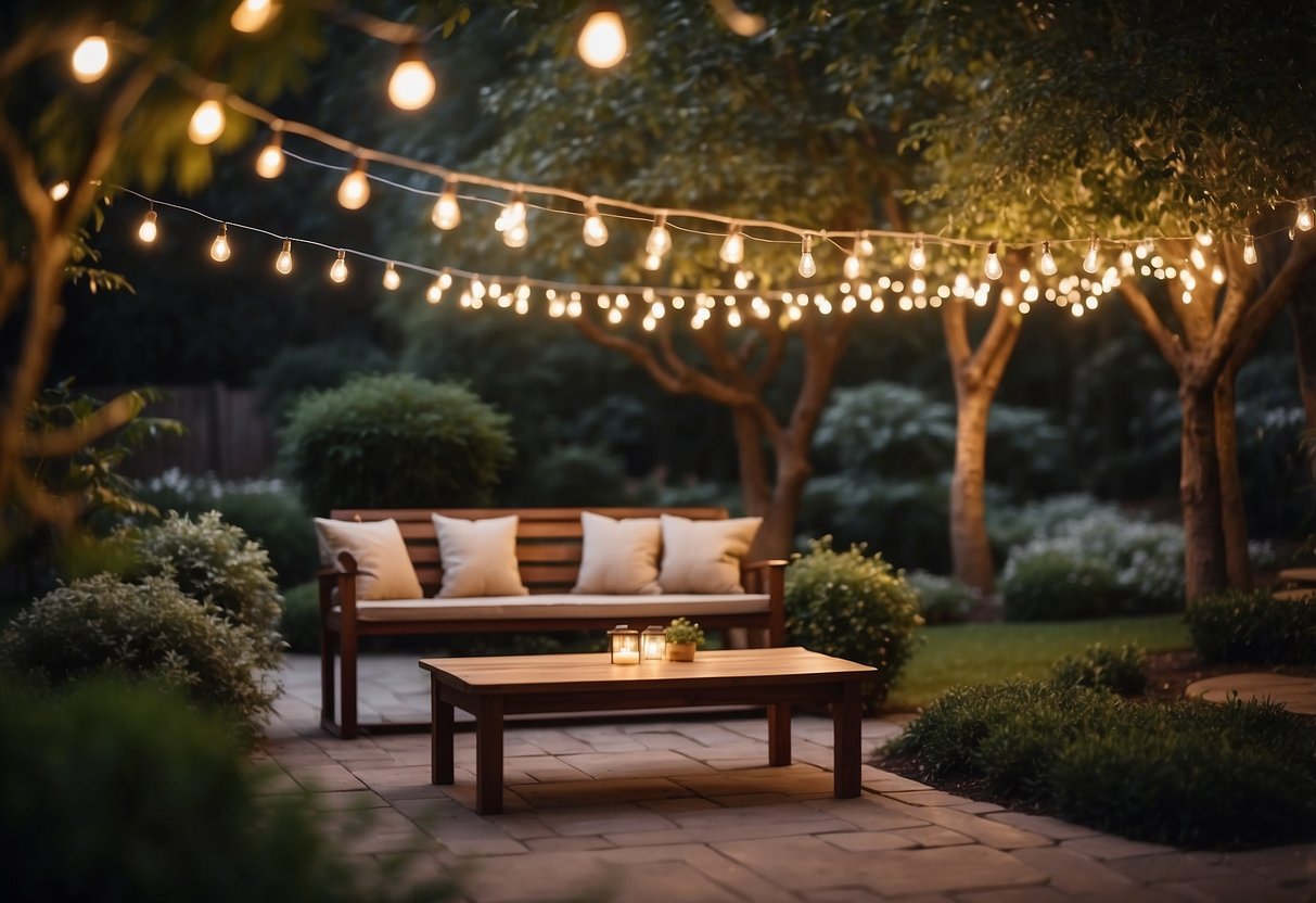 A garden with various types of lighting, including string lights, lanterns, and spotlights, illuminating pathways, trees, and outdoor seating areas