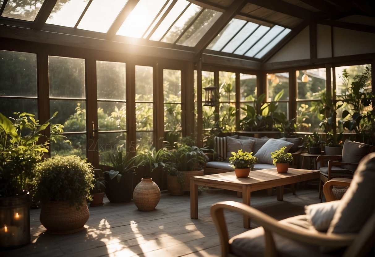 A garden room is illuminated by solar-powered lanterns, casting a warm and inviting glow on the surrounding plants and furniture