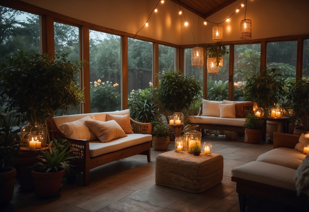 Soft glow from battery-operated candles illuminates a cozy garden room with potted plants and comfortable seating