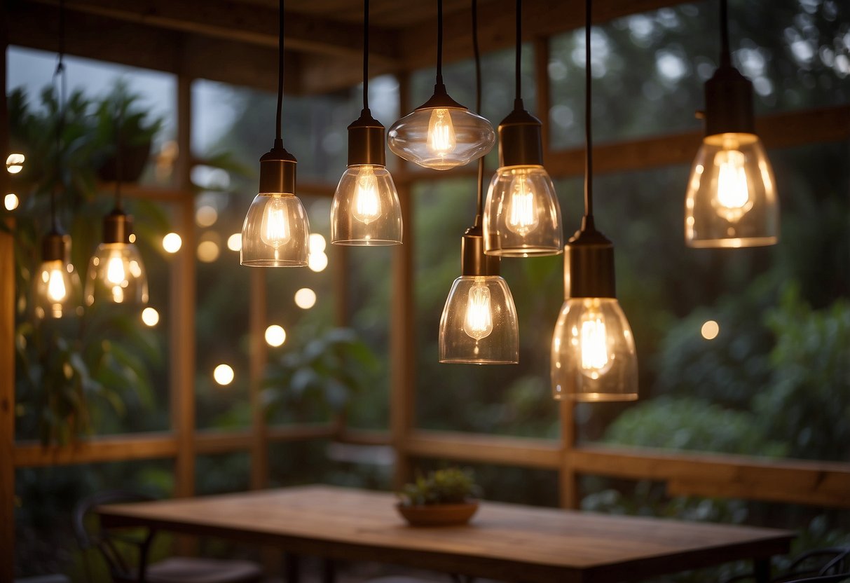 Several hanging pendant lights illuminate a cozy garden room, casting a warm and inviting glow over the space