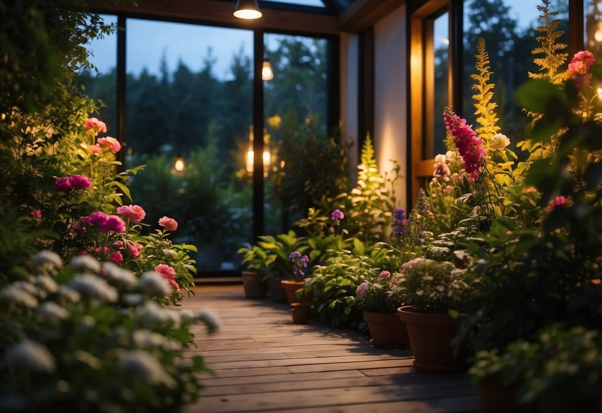 Vibrant flowers and lush greenery are illuminated by strategically placed garden spotlights, casting a warm and inviting glow on the peaceful garden room