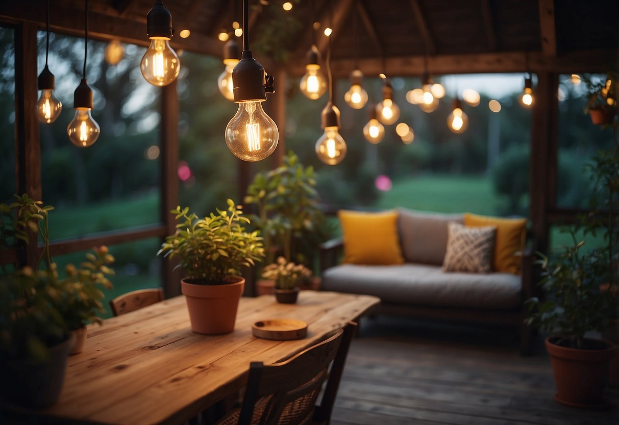 A cozy garden room with vintage bulb lights hanging from the ceiling, casting a warm and inviting glow over the space