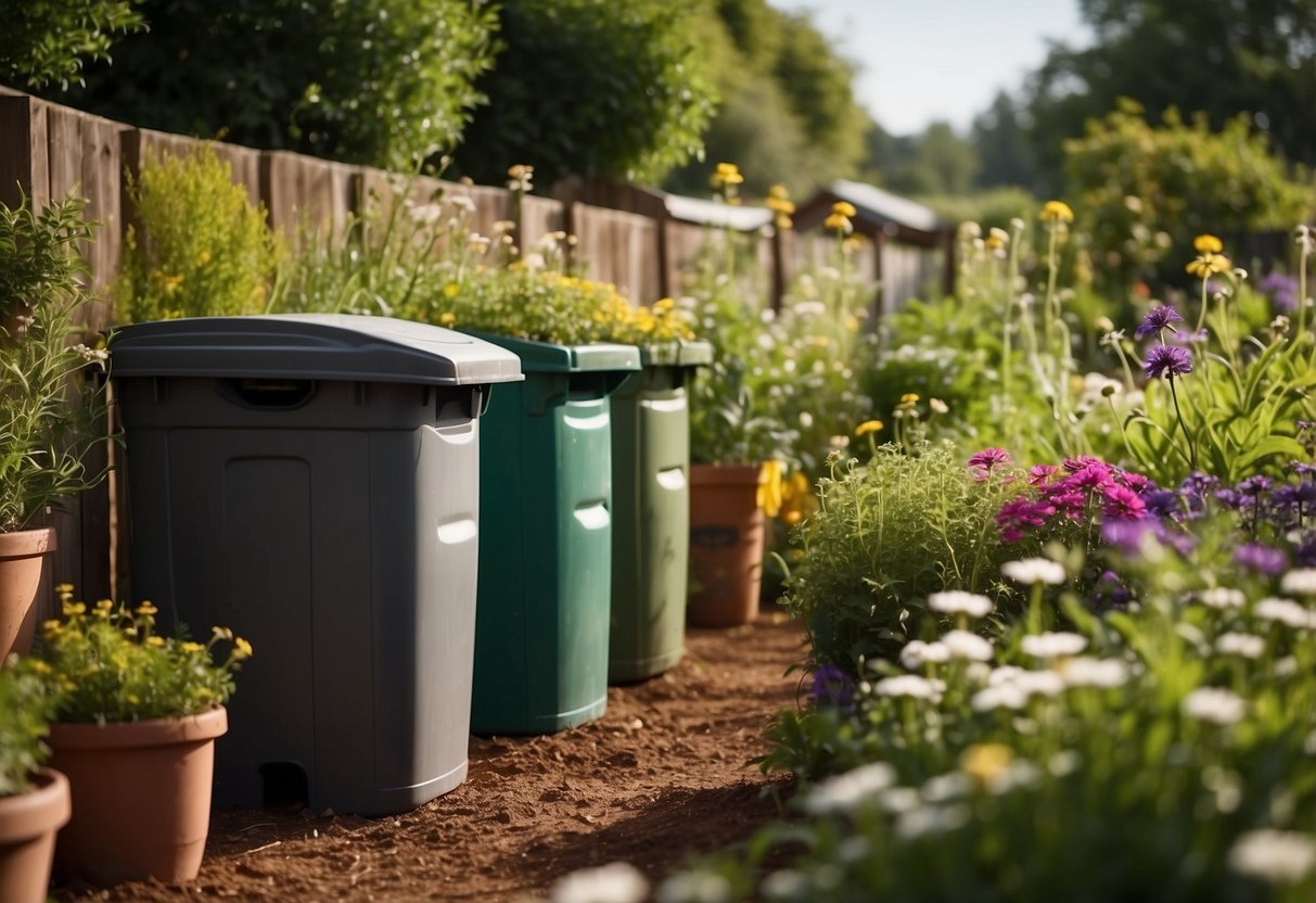 Lush green garden with compost bin, rainwater barrels, and raised beds. Bees buzzing around wildflower patches. Recycled materials used for garden structures