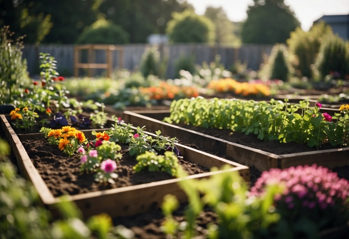 Raised garden beds filled with vibrant flowers and vegetables, surrounded by muddy areas