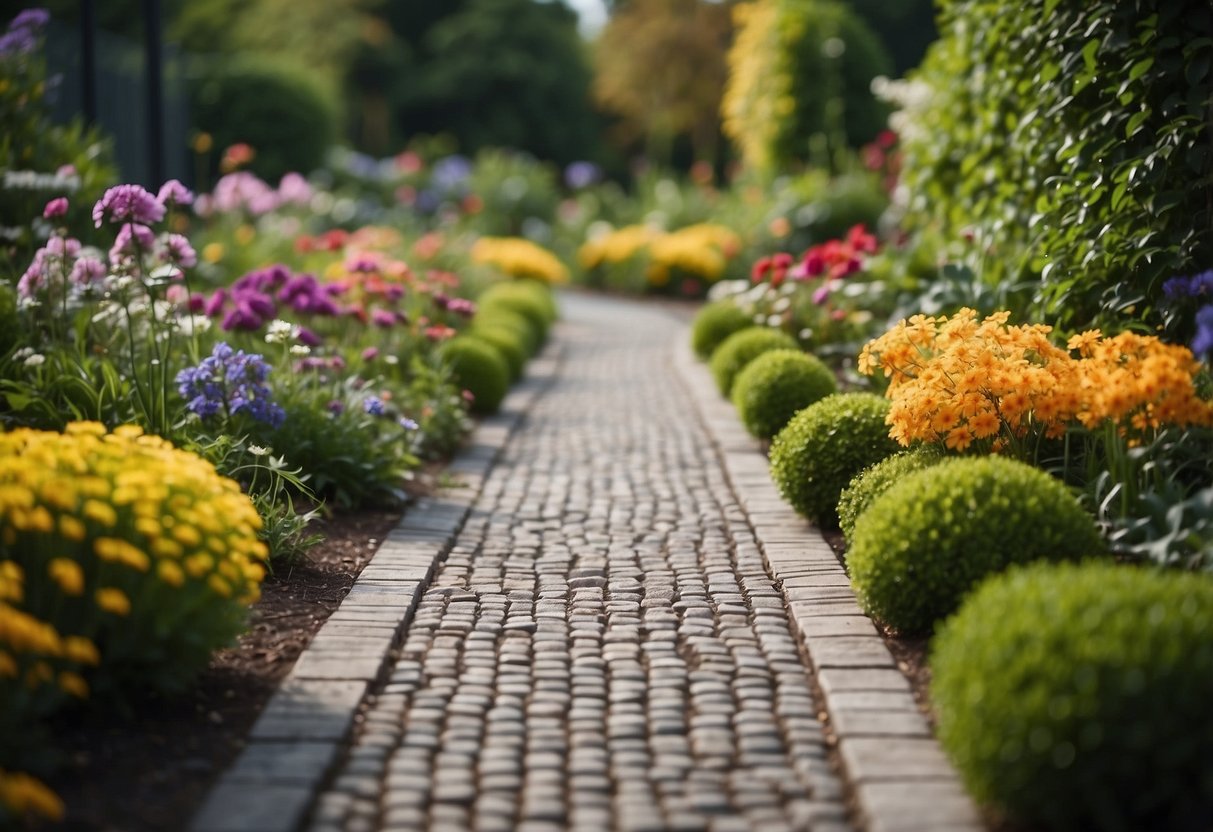 A garden with permeable paving, surrounded by lush greenery and colorful flowers, designed to address muddy areas with a practical yet visually appealing solution