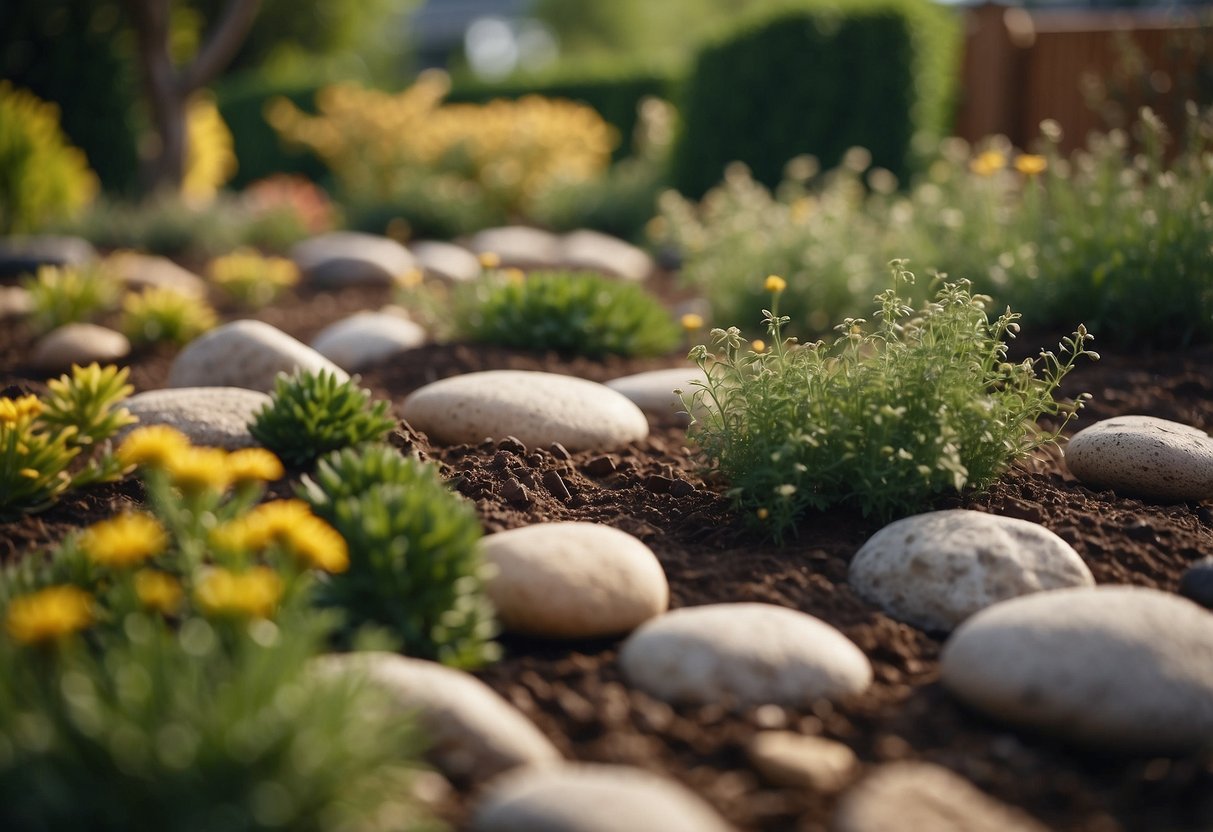 A garden covered in landscape fabric, with neatly arranged plants, stones, and mulch to control mud and create a tidy, low-maintenance landscape