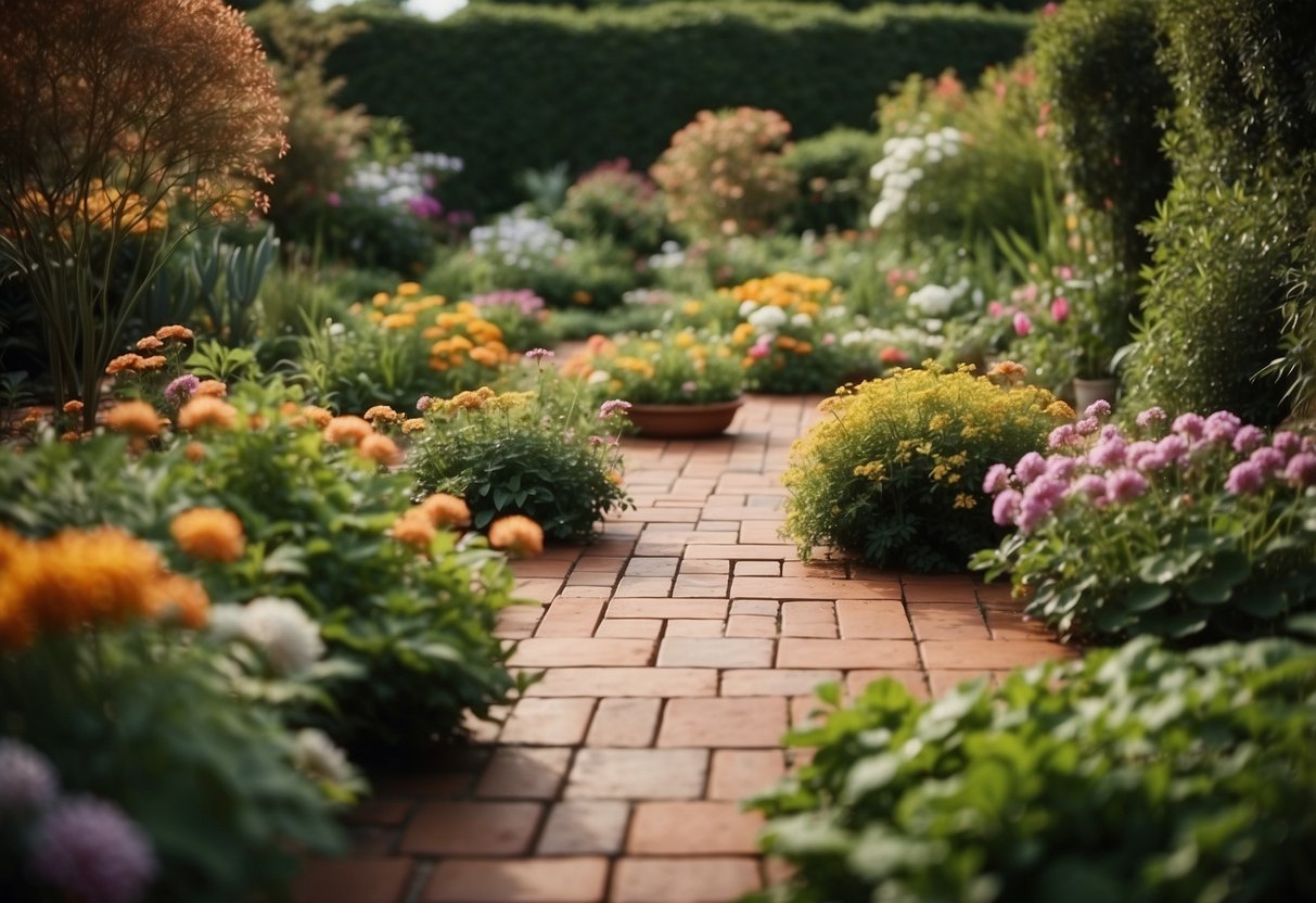 A garden with terracotta tiles laid out in a pattern, surrounded by lush greenery and colorful flowers, providing a beautiful and practical solution for muddy areas