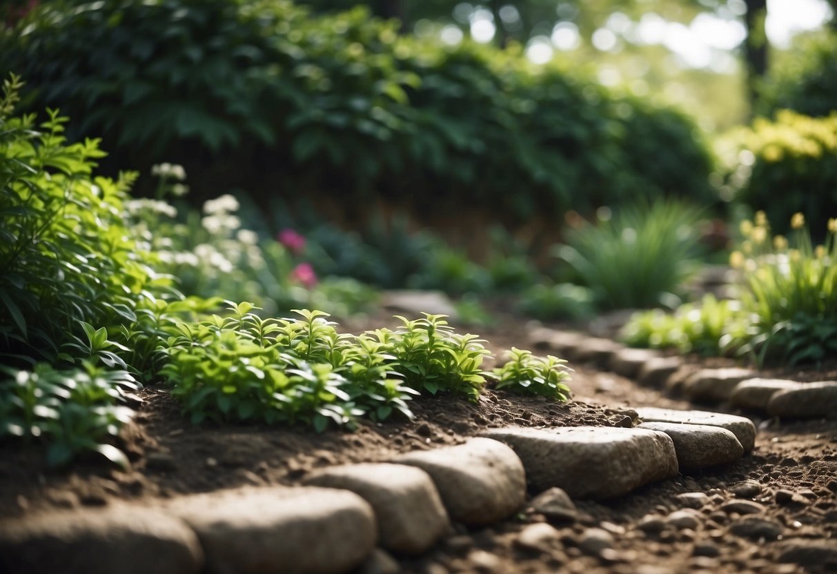 Lush green plants thrive in a muddy garden, surrounded by stepping stones and mulch