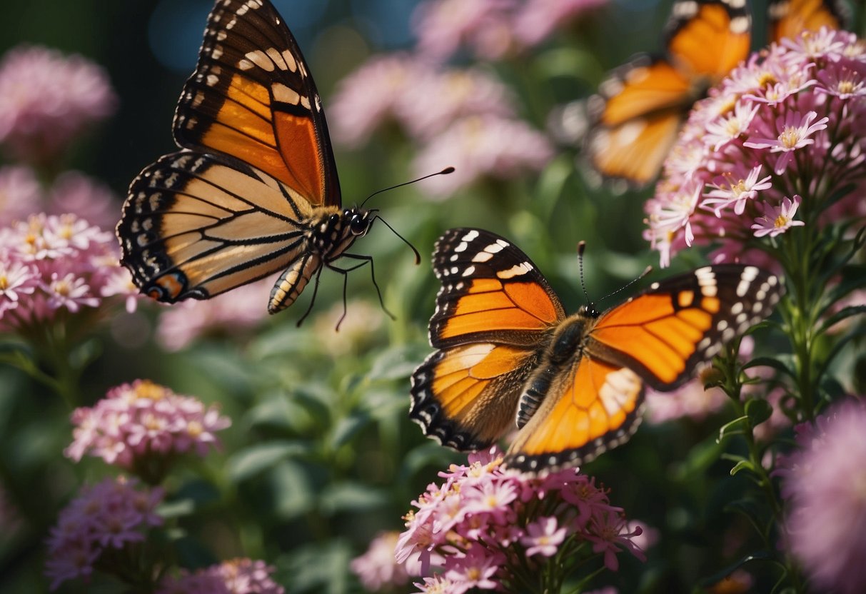 A vibrant butterfly garden blooms with native Michigan flowers, attracting a kaleidoscope of colorful butterflies flitting among the blossoms