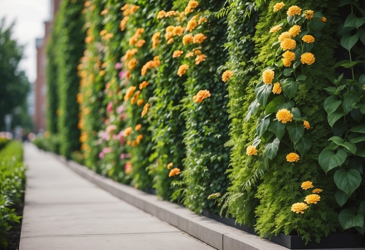 Lush green plants cover a tall wall, creating a vibrant vertical garden in Michigan. The variety of foliage and colorful blooms add a natural touch to the urban landscape