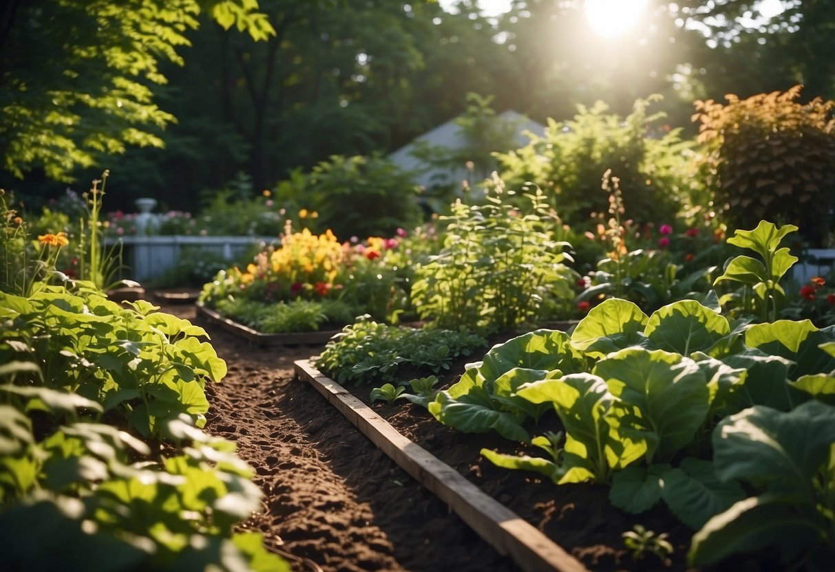 Lush green Michigan garden with rich, dark soil, vibrant flowers, and thriving vegetables. Sunlight filters through the leaves, creating dappled patterns on the ground