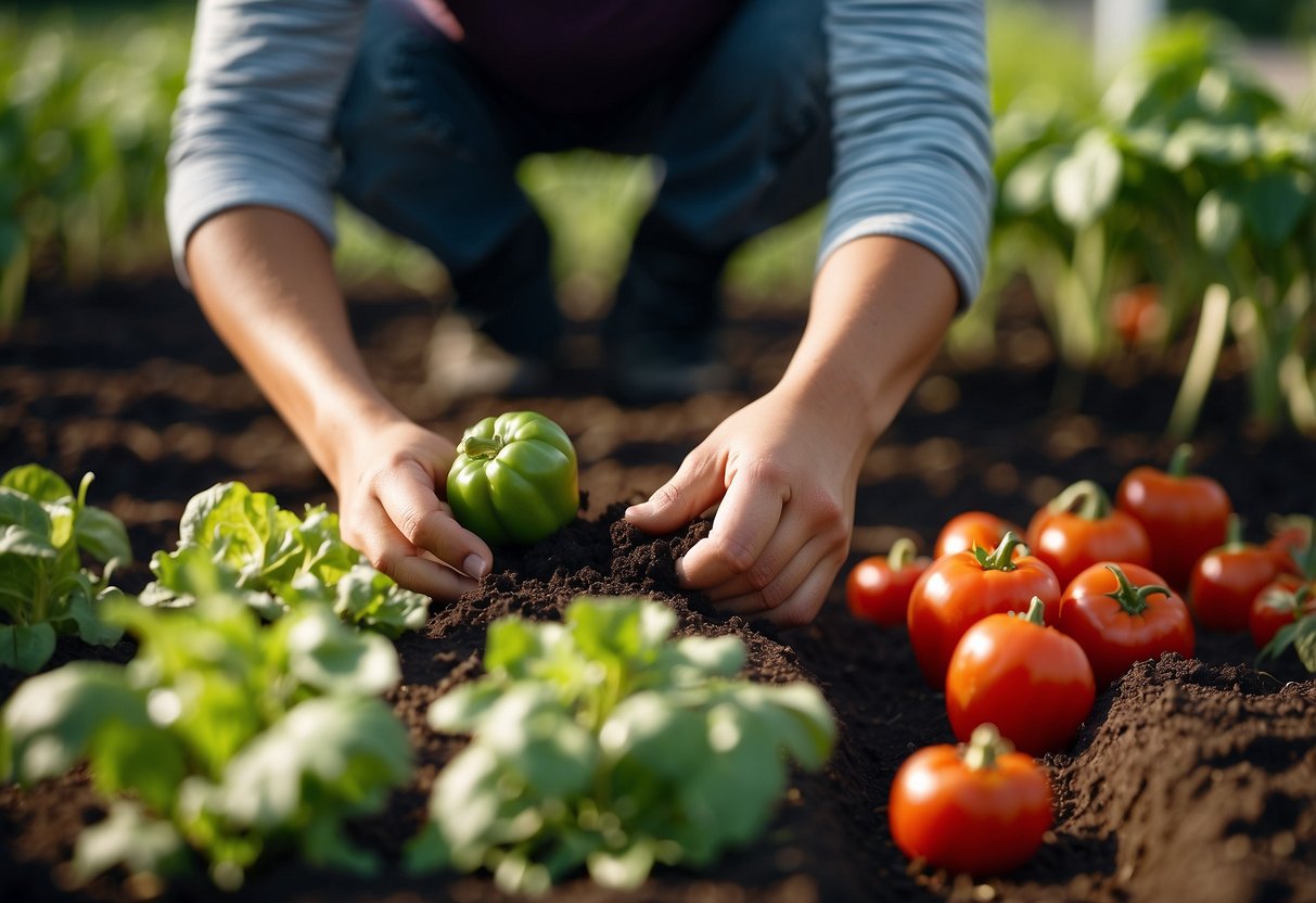 A person planting tomatoes, peppers, and lettuce in neat rows in a Michigan garden