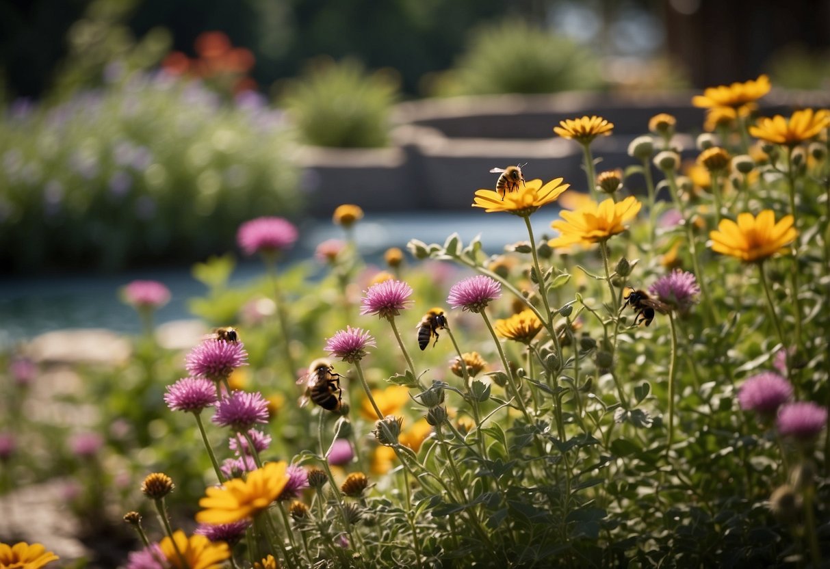 A colorful garden filled with native wildflowers and blooming plants, attracting bees, butterflies, and other pollinators. Birdhouses and water features add to the inviting, pollinator-friendly atmosphere