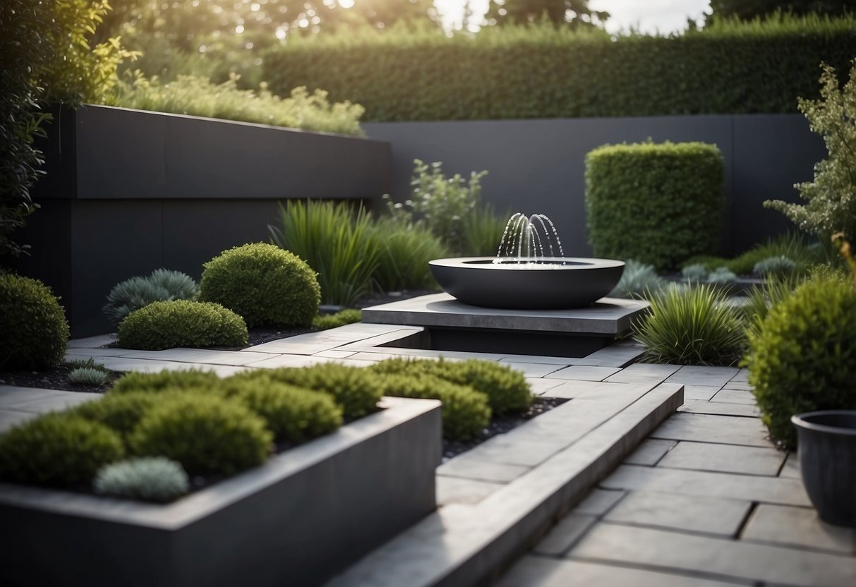 A small modern garden with a compact water feature, surrounded by minimalist landscaping and sleek design elements