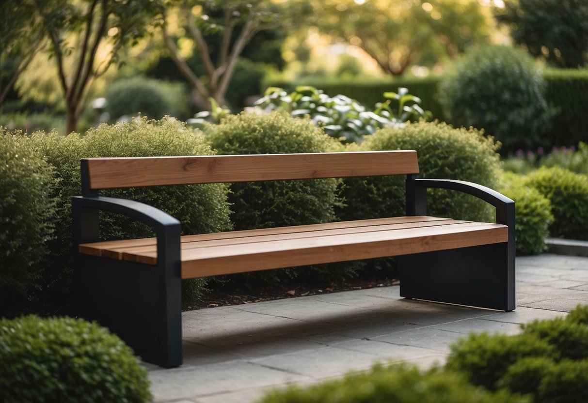 A sleek, multipurpose bench sits in a modern garden, surrounded by lush greenery and minimalist landscaping ideas