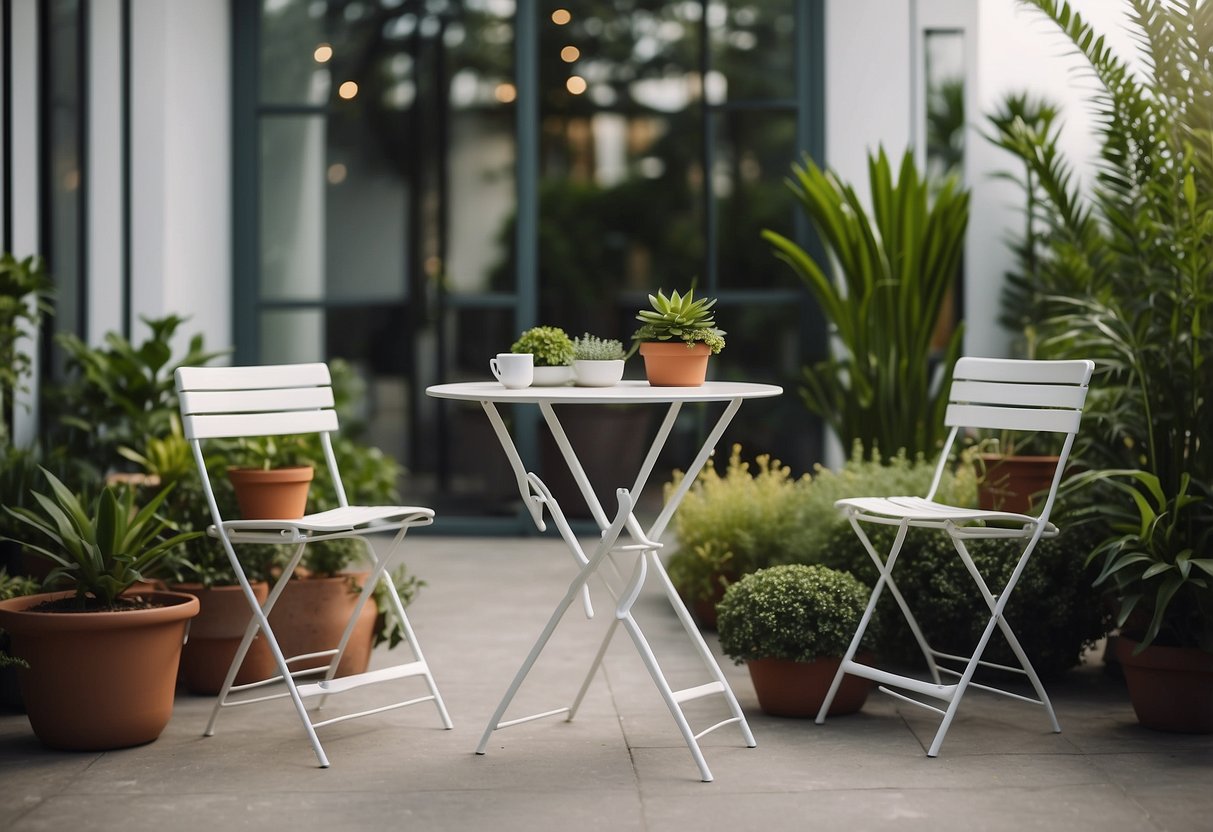 A small modern garden with a foldable bistro set, surrounded by greenery and potted plants. The set is sleek and minimalist, with clean lines and a contemporary design