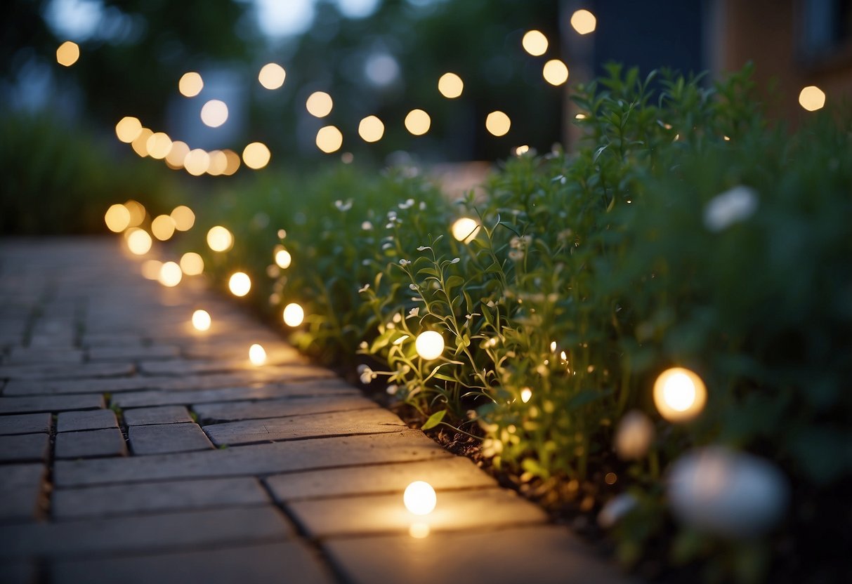 A small modern garden adorned with outdoor string lights