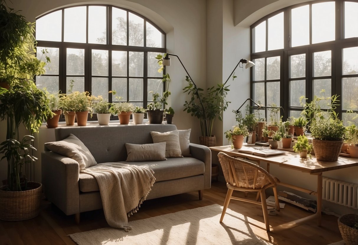 A cozy guest bedroom with a fold-out sofa, potted plants, and a small work desk. Sunlight streams in through the large windows, illuminating the room's natural and inviting atmosphere