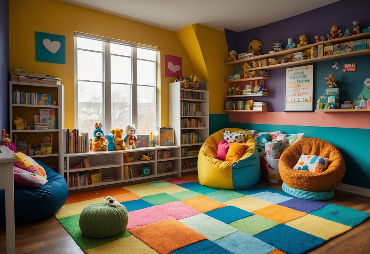 A colorful playroom with toys, books, and art supplies. A cozy reading nook with bean bags and a small table. Large windows bring in natural light, and a vibrant mural decorates the wall