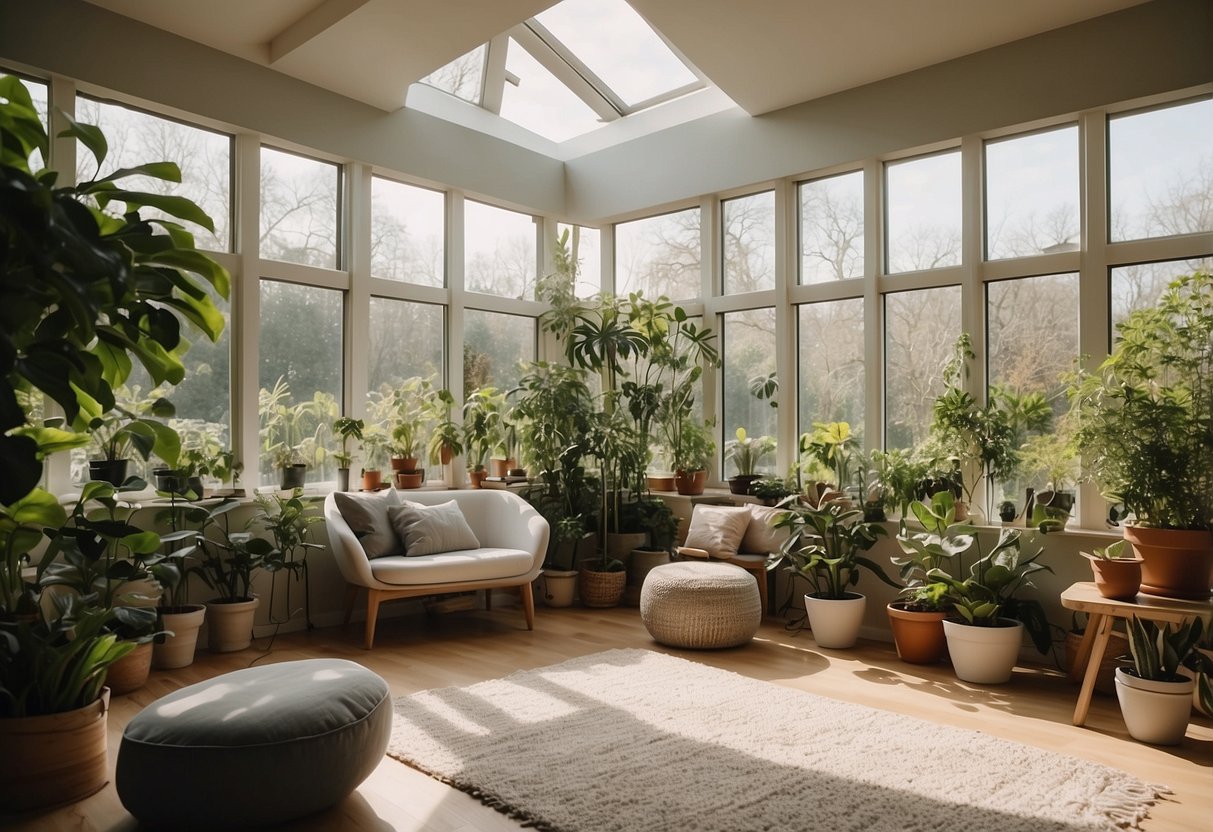 A garden room with versatile features: a cozy reading nook, a home office, and a space for yoga or meditation. Bright natural light filters through the windows, and potted plants bring a touch of greenery indoors