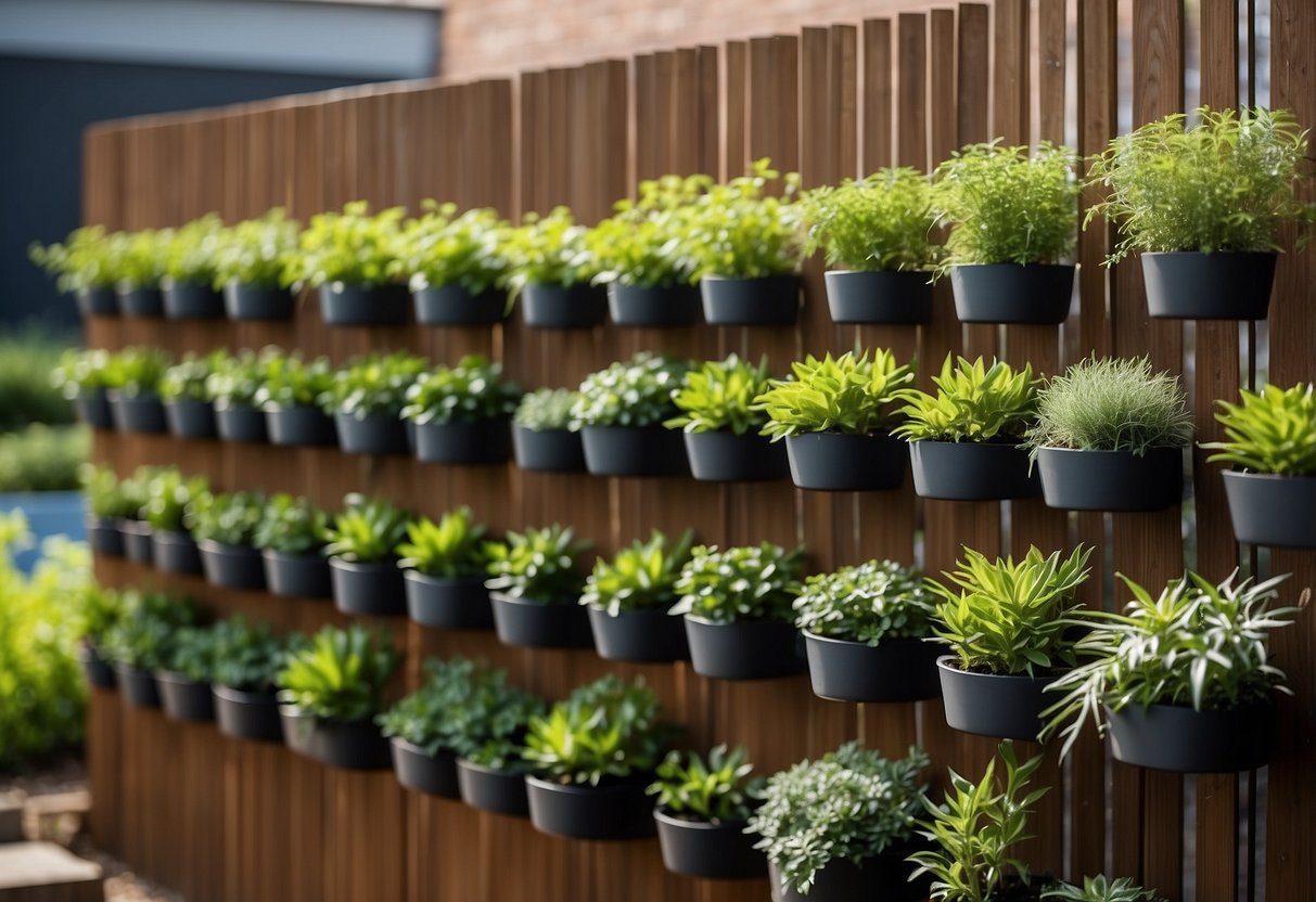 Vertical planters line the garden, organizing a variety of plants. The space is tidy and visually pleasing, with greenery cascading down the vertical structures