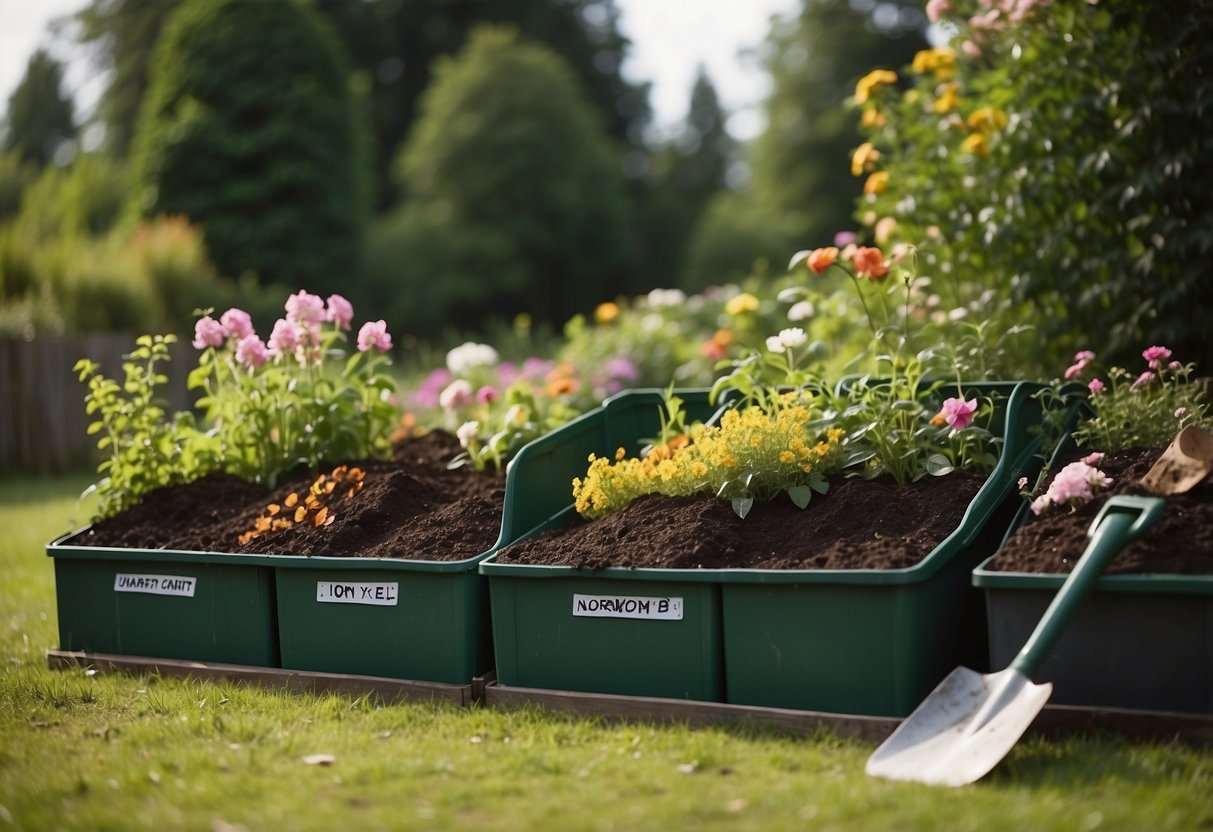 A neat compost area with labeled bins, a shovel, and a pitchfork surrounded by greenery and flowers