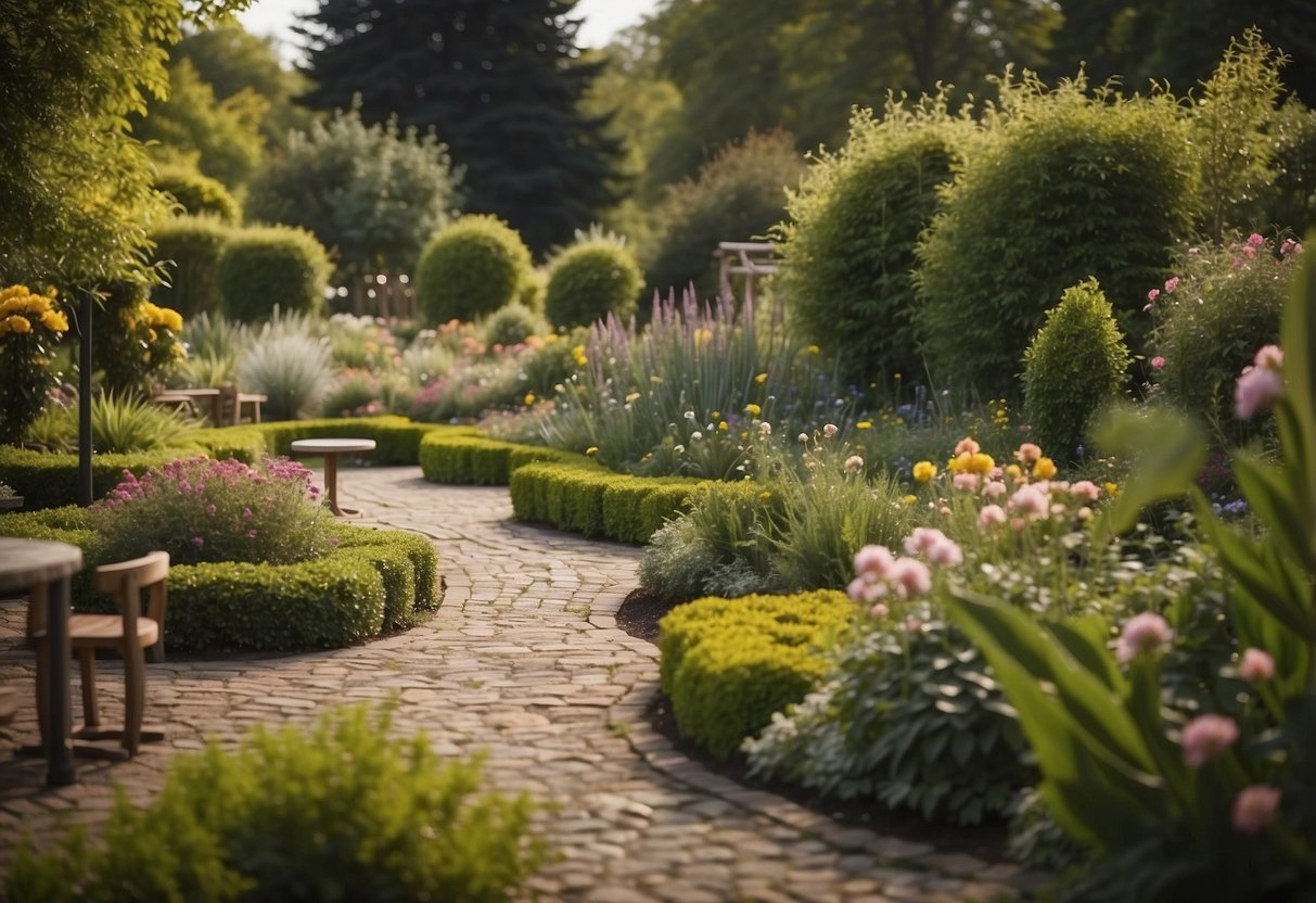 A garden with neatly arranged beds, paths, and seating areas. Various plants and flowers are strategically placed, creating a harmonious and organized layout