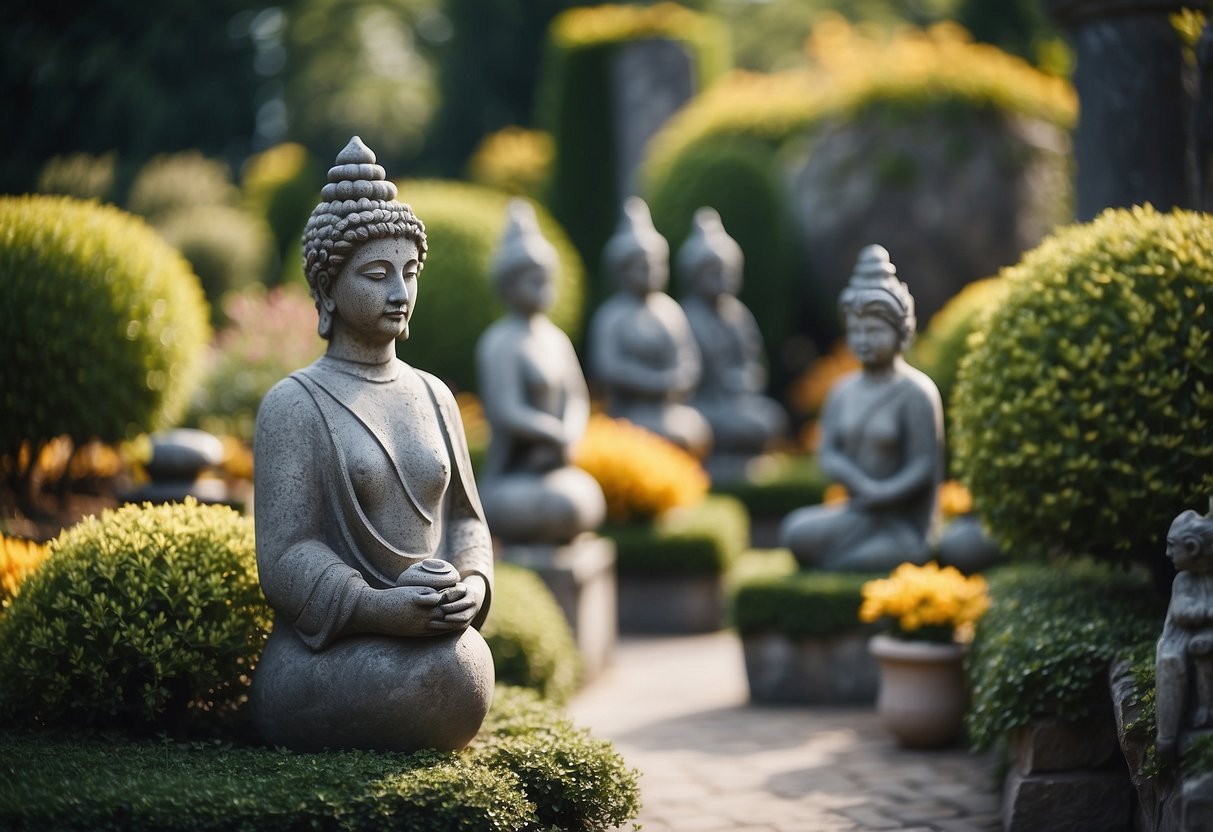 A garden with stone sculptures, no plants