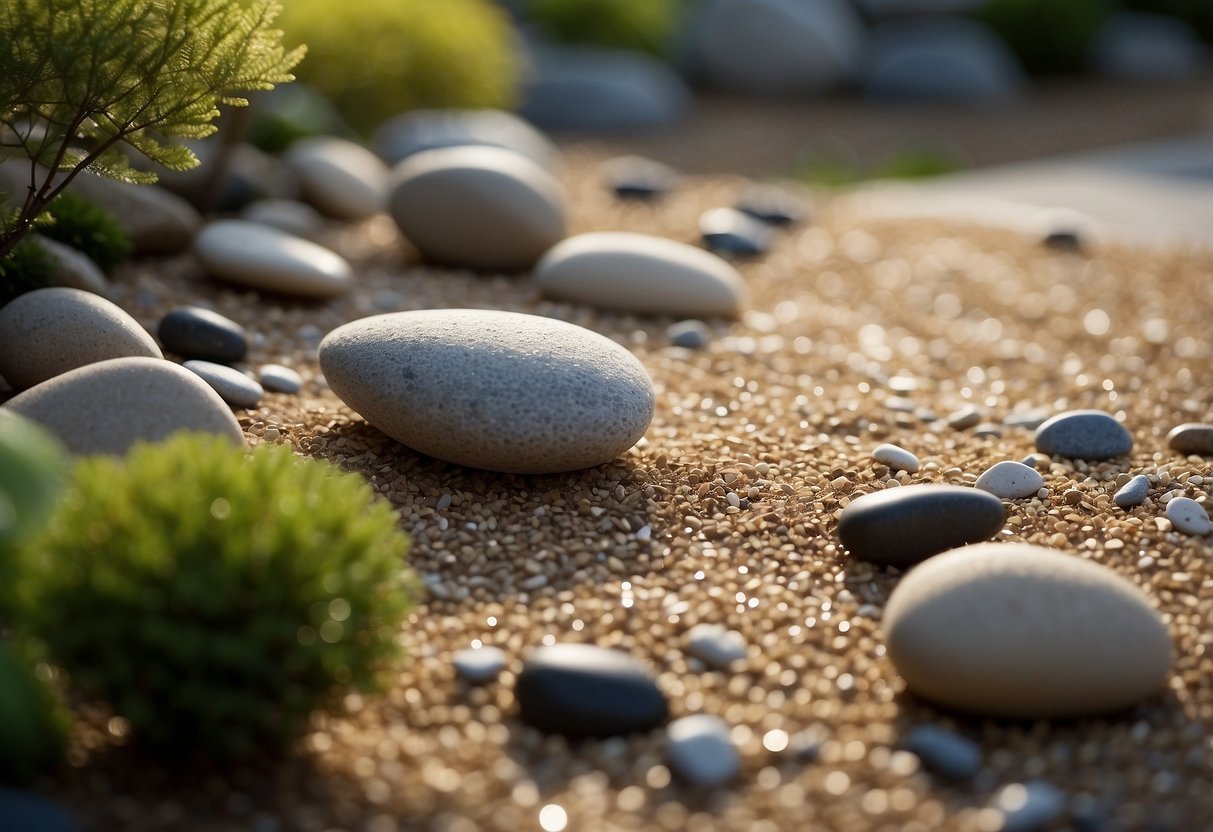 A tranquil Zen garden with raked gravel, smooth stones, and minimalist design