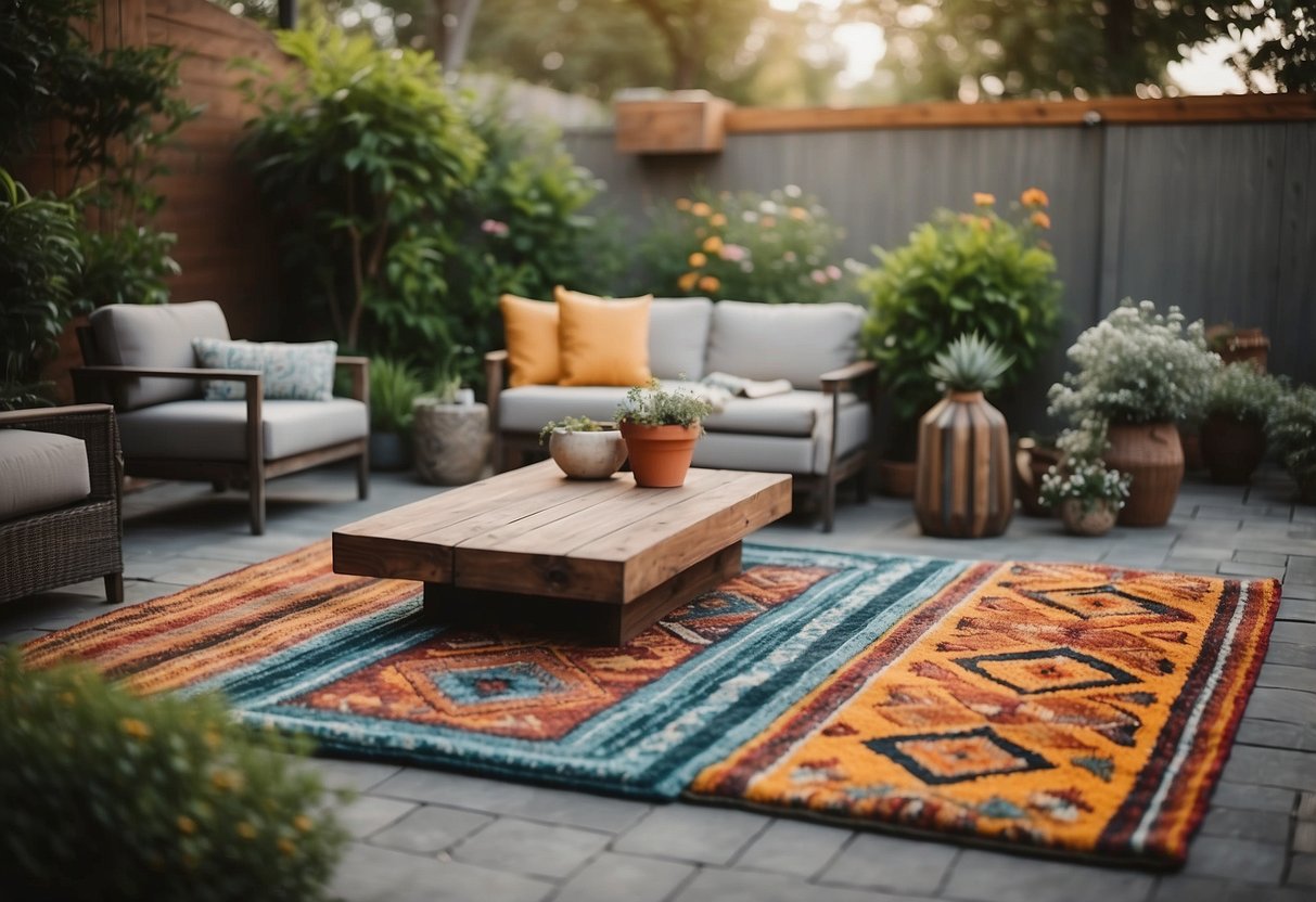 A cozy outdoor space with colorful rugs, no plants, and minimalist garden decor