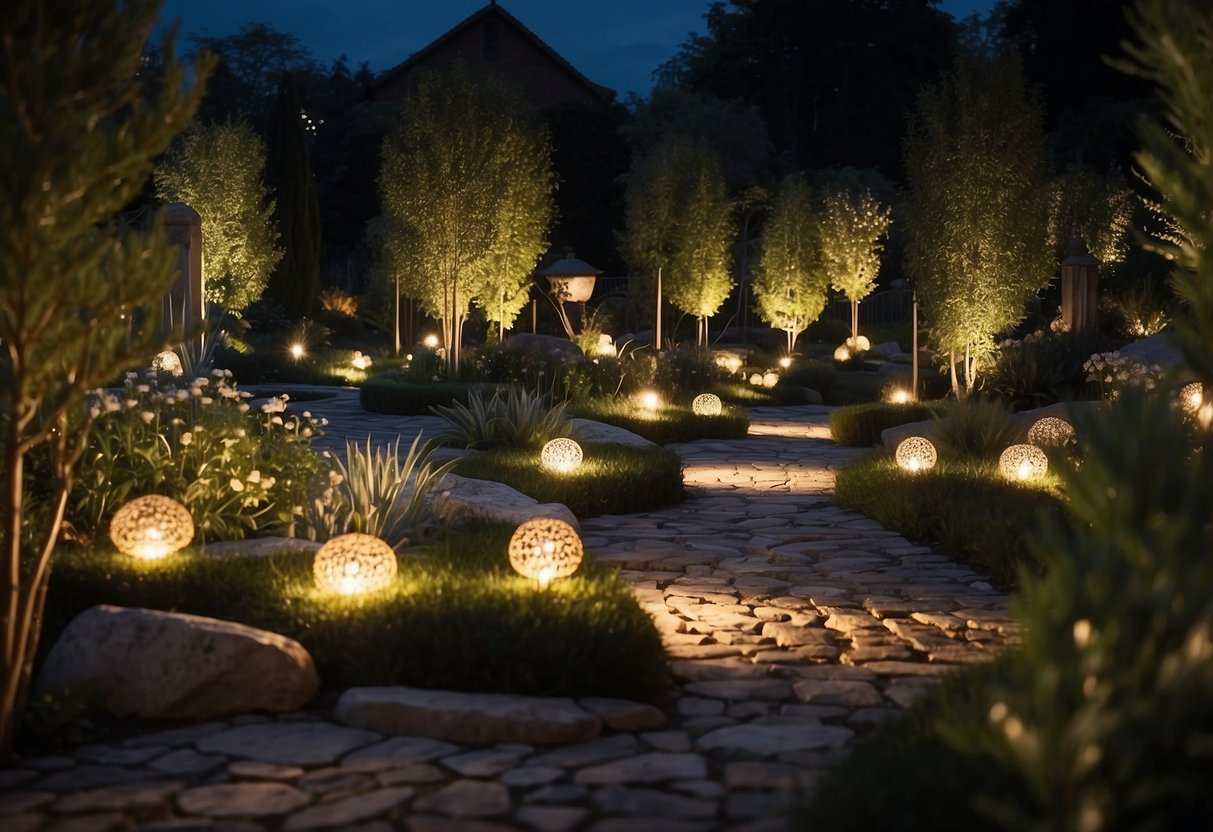 A garden at night, illuminated by soft, warm lights, with no plants, but featuring creative garden ideas such as stone pathways and decorative sculptures